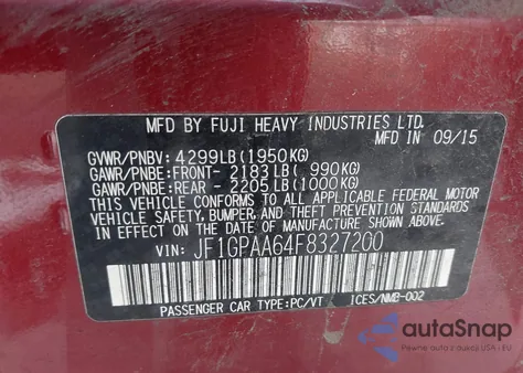 2015 Subaru Impreza 2.0I z USA, uszkodzony, nr VIN JF1GPAA64F8327200